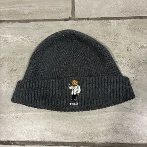 Polo by Ralph Lauren Charcoal Ribbed Beanie with Martini Bear Embroidery OS